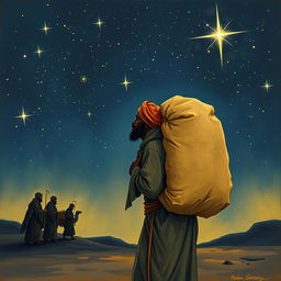 A Black street vendor carrying a large sack on their back, reflecting on the three wise men from the East, depicted under a starry sky