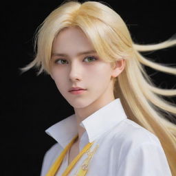 An animated anime-style slim teen boy with long tail-back blonde hair, exhibiting unworldly beauty. His heterochromatic eyes, one yellow and one white, add a mesmerizing charm to his ethereal appearance.