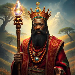 An African king named Balthazar, depicted as a regal mage adorned in stunning traditional robes richly decorated with intricate patterns and vibrant colors