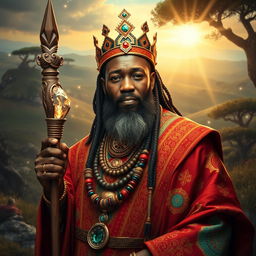 An African king named Balthazar, depicted as a regal mage adorned in stunning traditional robes richly decorated with intricate patterns and vibrant colors