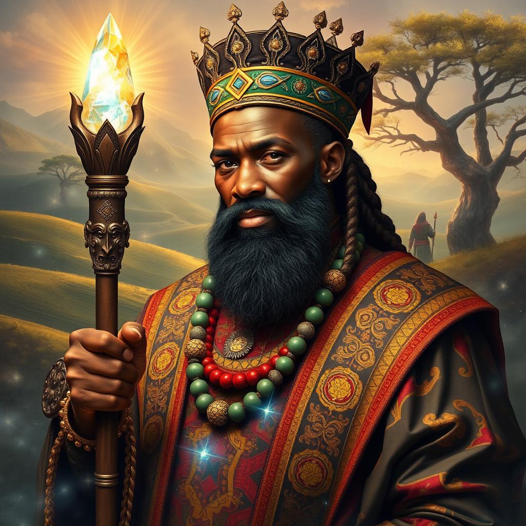 An African king named Balthazar, depicted as a regal mage adorned in stunning traditional robes richly decorated with intricate patterns and vibrant colors