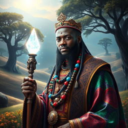 An African king named Balthazar, depicted as a regal mage adorned in stunning traditional robes richly decorated with intricate patterns and vibrant colors