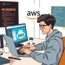 A detailed illustration of a modern web developer setting up a WordPress site on an AWS EC2 instance