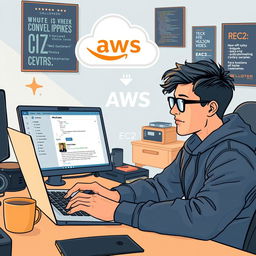 A detailed illustration of a modern web developer setting up a WordPress site on an AWS EC2 instance