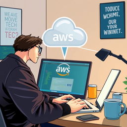 A detailed illustration of a modern web developer setting up a WordPress site on an AWS EC2 instance