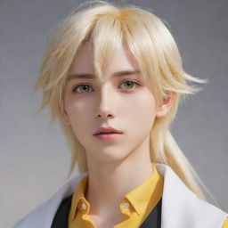 An animated anime-style slim teen boy with long tail-back blonde hair, exhibiting unworldly beauty. His heterochromatic eyes, one yellow and one white, add a mesmerizing charm to his ethereal appearance.