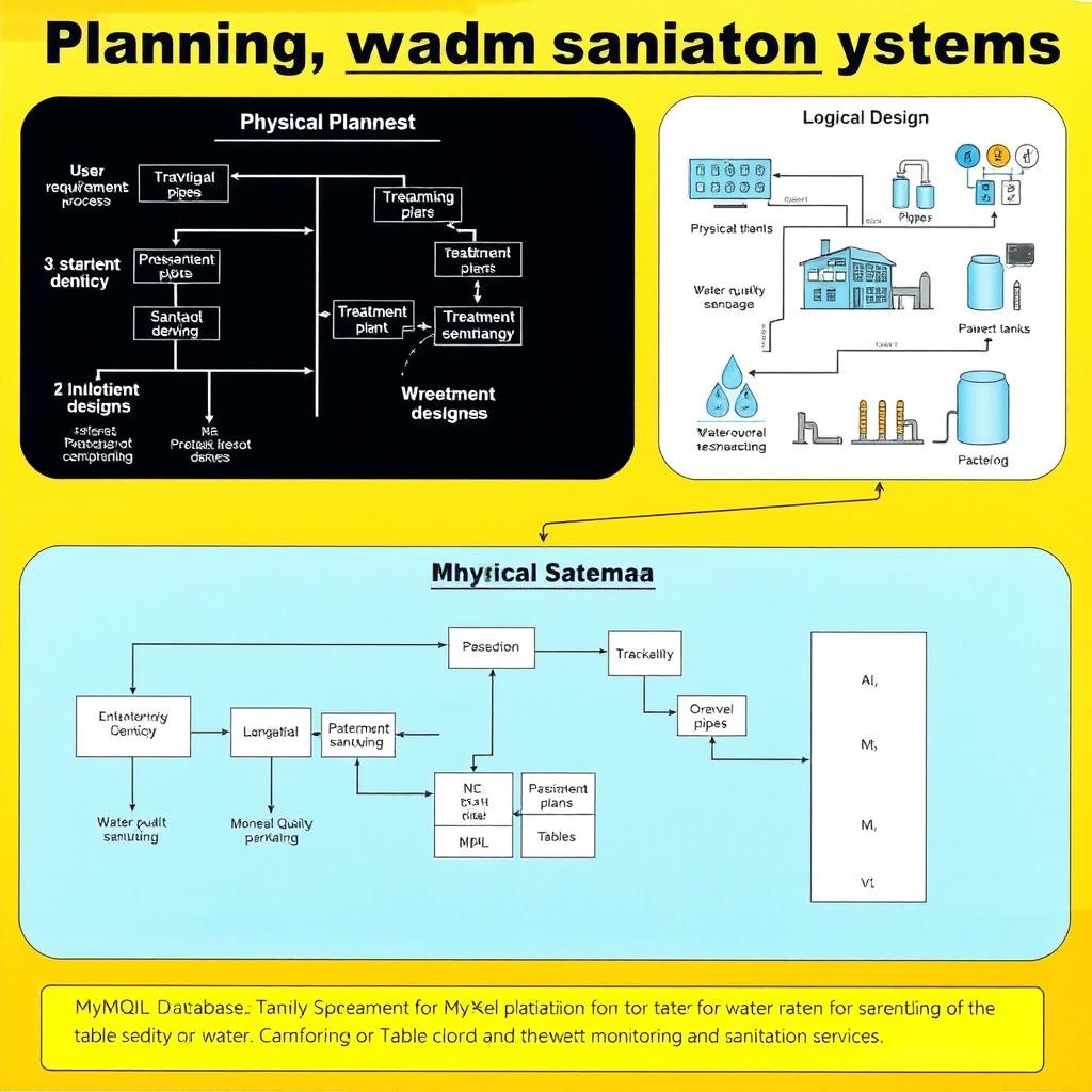 An educational diagram showcasing the planning of water and sanitation systems, emphasizing both logical and physical designs