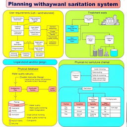 An educational diagram showcasing the planning of water and sanitation systems, emphasizing both logical and physical designs