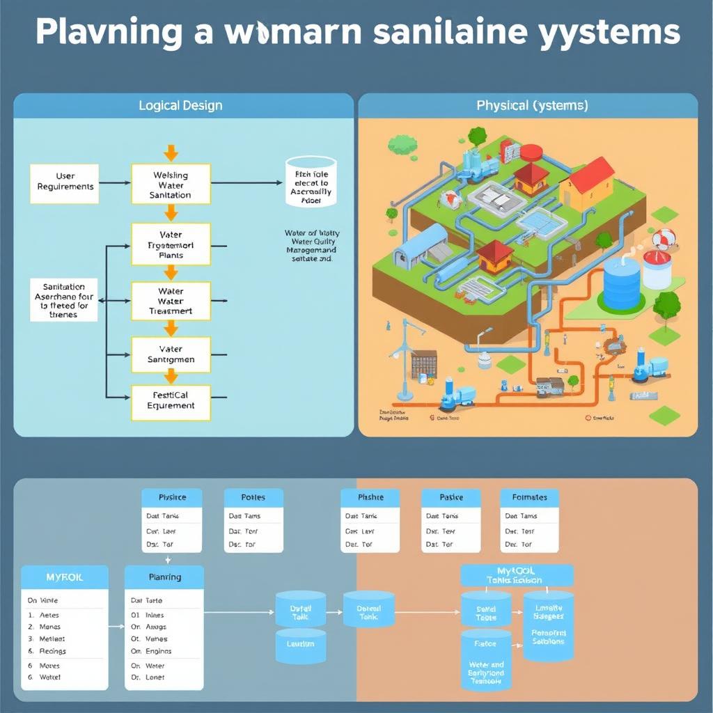 An infographic image illustrating the planning of water and sanitation systems, clearly explaining both logical and physical design concepts