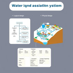 An infographic image illustrating the planning of water and sanitation systems, clearly explaining both logical and physical design concepts