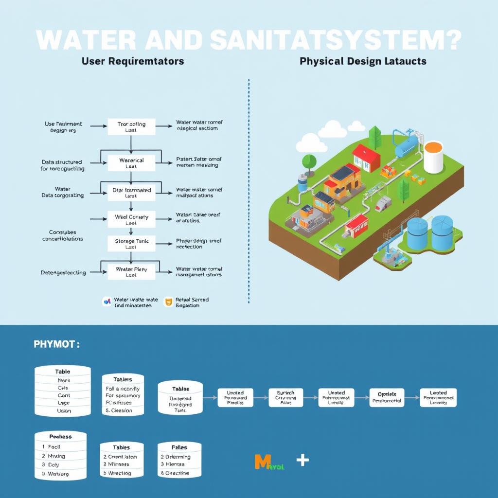 An infographic image illustrating the planning of water and sanitation systems, clearly explaining both logical and physical design concepts