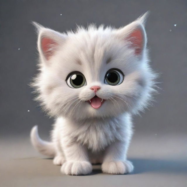 A 3D cartoon image of an incredibly cute, fluffy kitten with big sparkling eyes, captured mid-play.