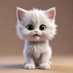 A 3D cartoon image of an incredibly cute, fluffy kitten with big sparkling eyes, captured mid-play.