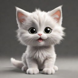 A 3D cartoon image of an incredibly cute, fluffy kitten with big sparkling eyes, captured mid-play.