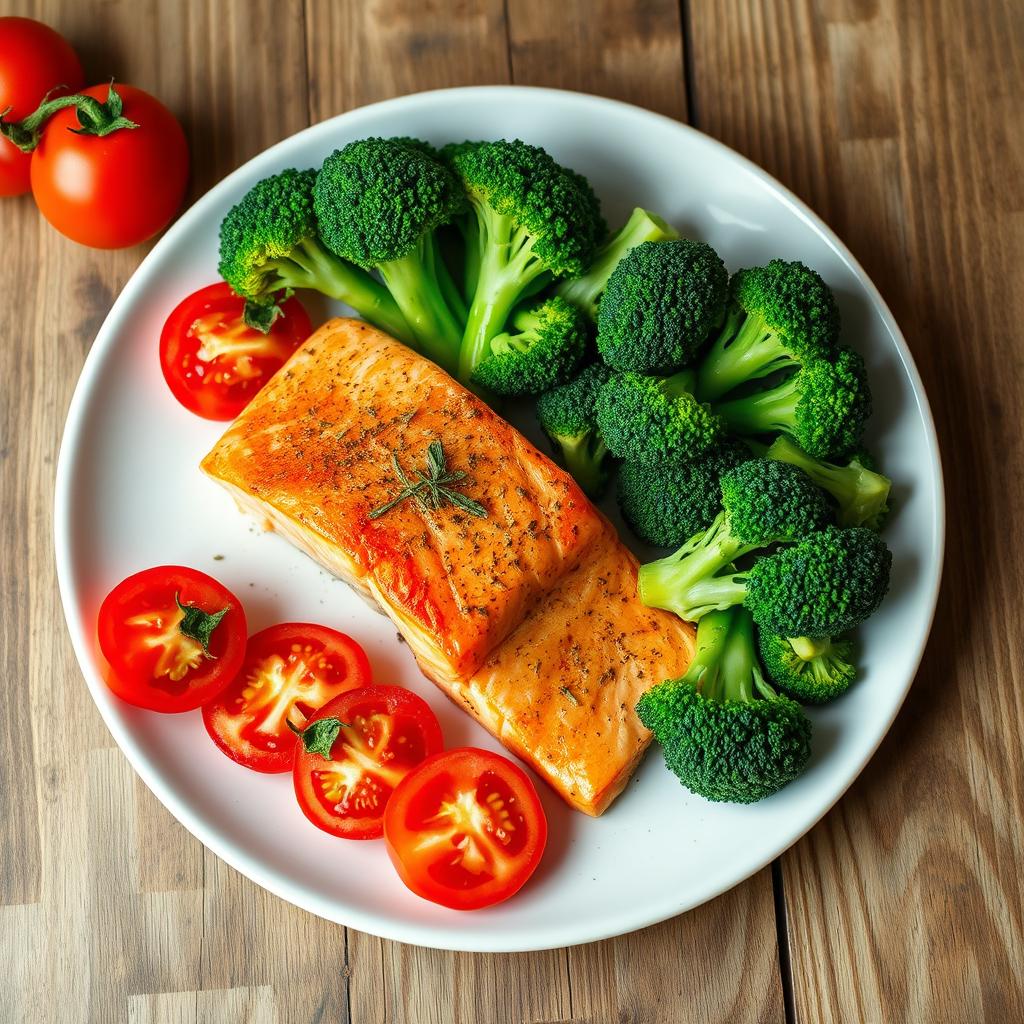 A vibrant plate featuring fresh and colorful ingredients including ripe red tomatoes, bright green broccoli, and expertly cooked salmon