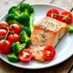 A vibrant plate featuring fresh and colorful ingredients including ripe red tomatoes, bright green broccoli, and expertly cooked salmon