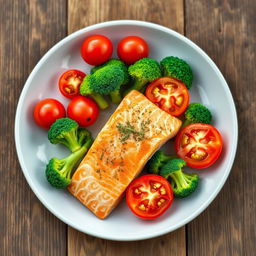 A vibrant plate featuring fresh and colorful ingredients including ripe red tomatoes, bright green broccoli, and expertly cooked salmon