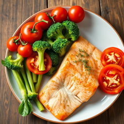 A vibrant plate featuring fresh and colorful ingredients including ripe red tomatoes, bright green broccoli, and expertly cooked salmon