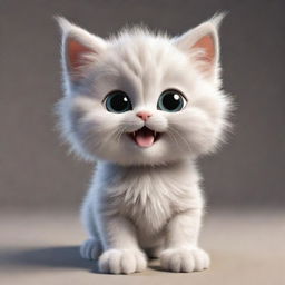 A 3D cartoon image of an incredibly cute, fluffy kitten with big sparkling eyes, captured mid-play.