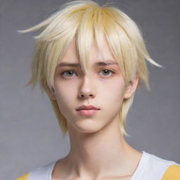 An animated anime-style slim teen boy with long, tail-back hair blending blonde and white shades. His unworldly beauty is accentuated by his unique heterochromatic eyes, one yellow and one white.