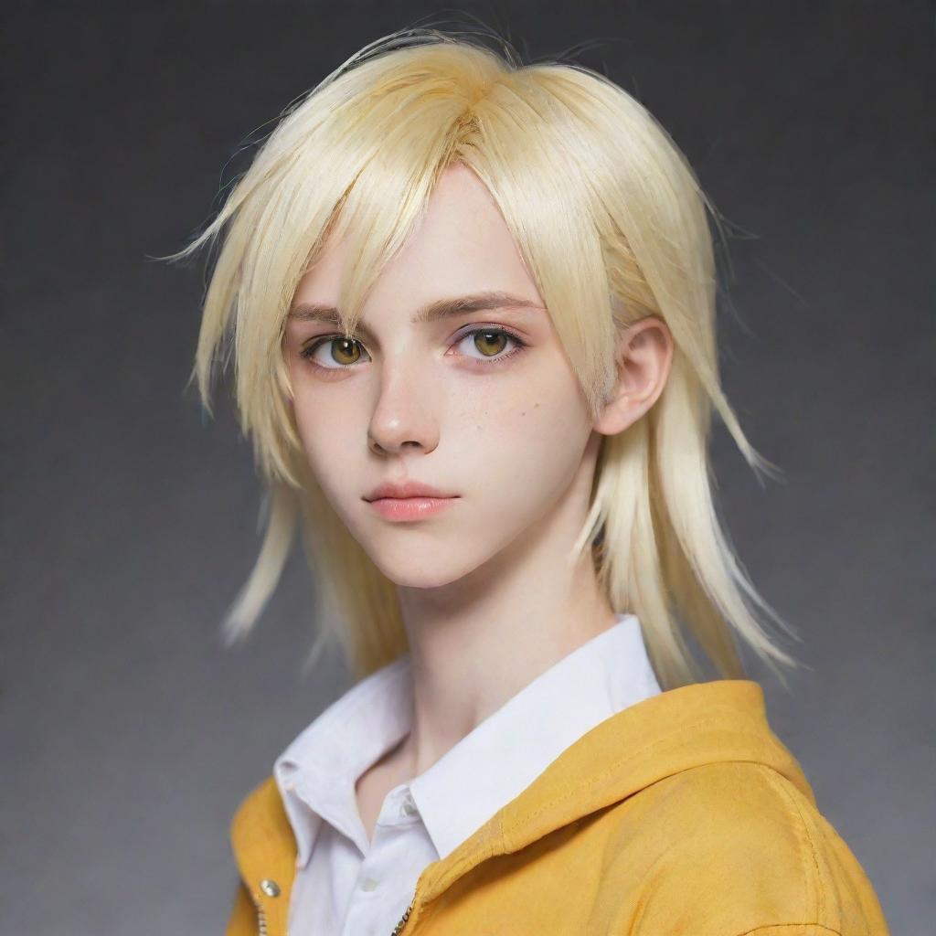 An animated anime-style slim teen boy with long, tail-back hair blending blonde and white shades. His unworldly beauty is accentuated by his unique heterochromatic eyes, one yellow and one white.