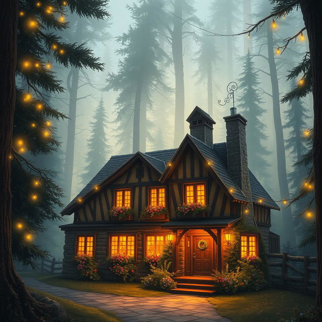 A cozy looking inn nestled at the edge of an enchanted forest, with warm light glowing from the windows, surrounded by tall, magical trees and soft, twinkling fairy lights