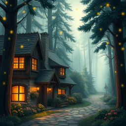 A cozy looking inn nestled at the edge of an enchanted forest, with warm light glowing from the windows, surrounded by tall, magical trees and soft, twinkling fairy lights