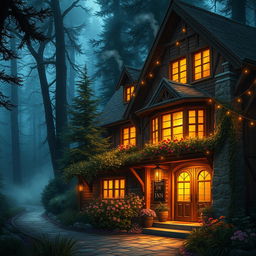 A cozy looking inn nestled at the edge of an enchanted forest, with warm light glowing from the windows, surrounded by tall, magical trees and soft, twinkling fairy lights