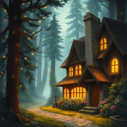 A cozy looking inn nestled at the edge of an enchanted forest, with warm light glowing from the windows, surrounded by tall, magical trees and soft, twinkling fairy lights