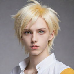 An animated anime-style slim teen boy with long, tail-back hair blending blonde and white shades. His unworldly beauty is accentuated by his unique heterochromatic eyes, one yellow and one white.