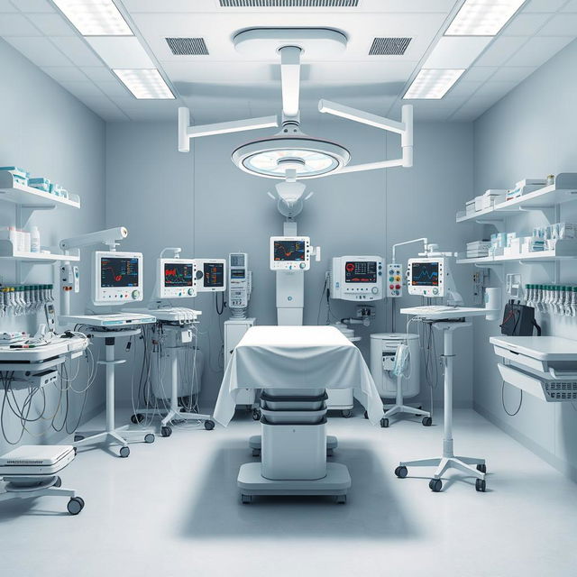 A sterile and meticulously organized anesthesiology operating room, devoid of any people