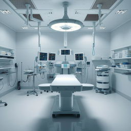 A sterile and meticulously organized anesthesiology operating room, devoid of any people