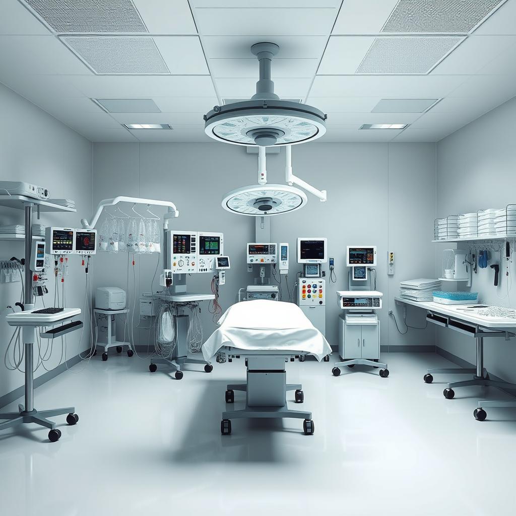 A pristine and meticulously organized anesthesiology operating room, completely devoid of any people