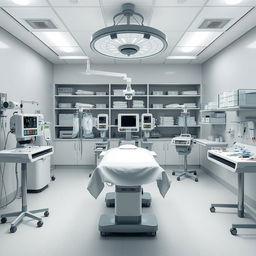 A pristine and meticulously organized anesthesiology operating room, completely devoid of any people