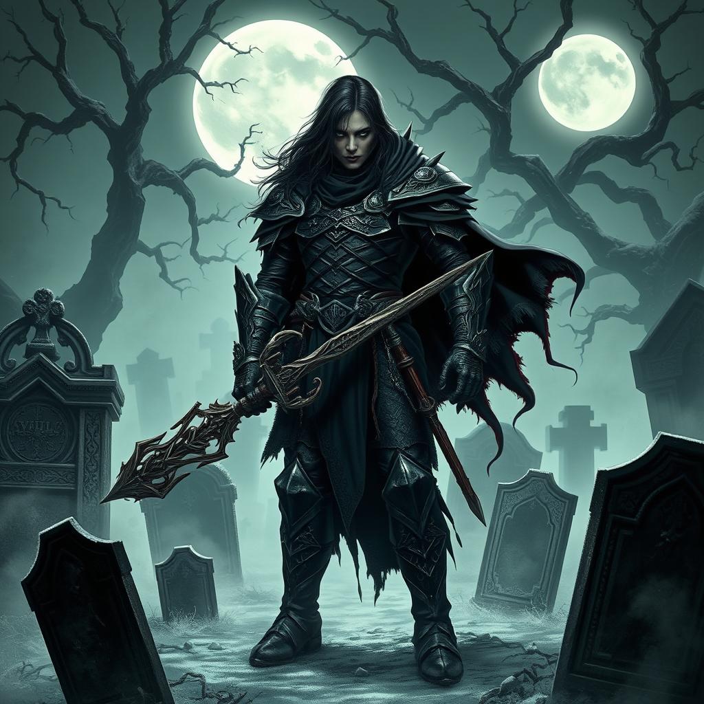 A dark fantasy warrior standing amid ancient tombstones in a haunting graveyard, surrounded by creeping fog and ghostly light