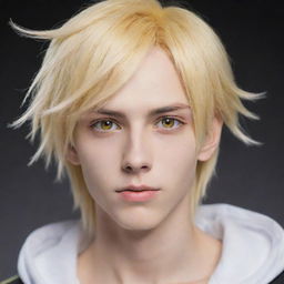 An animated anime-style slim teen boy with long, tail-back hair blending blonde and white shades. His unworldly beauty is accentuated by his unique heterochromatic eyes, one yellow and one white.