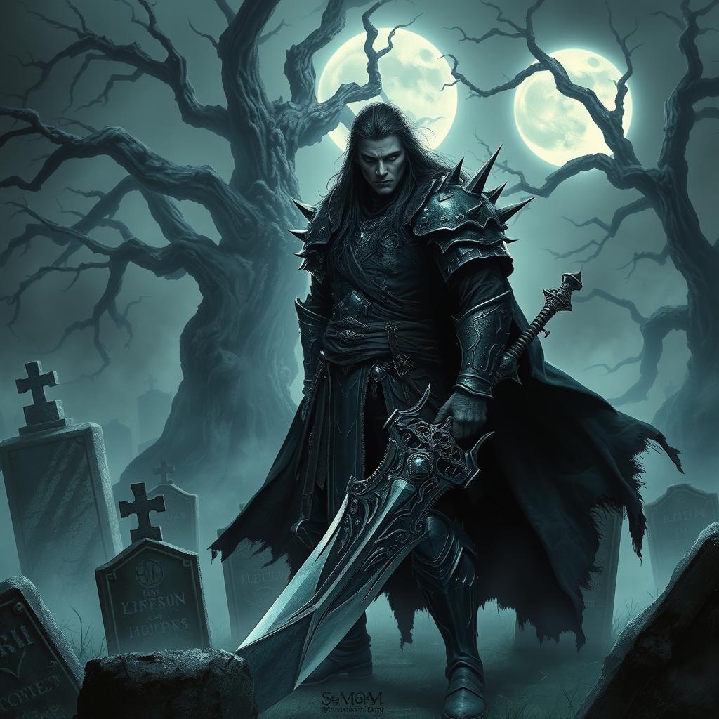 A dark fantasy warrior standing amid ancient tombstones in a haunting graveyard, surrounded by creeping fog and ghostly light