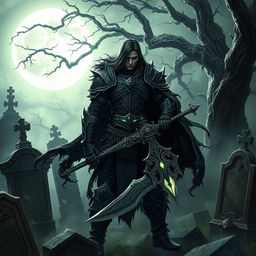 A dark fantasy warrior standing amid ancient tombstones in a haunting graveyard, surrounded by creeping fog and ghostly light