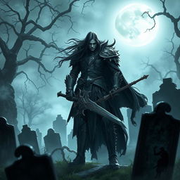 A dark fantasy warrior standing amid ancient tombstones in a haunting graveyard, surrounded by creeping fog and ghostly light