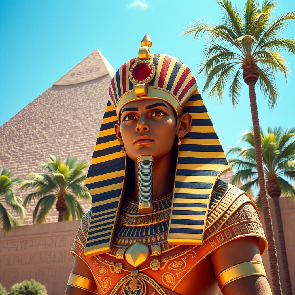 A majestic ancient Egyptian pharaoh, adorned in opulent royal garments with intricate golden details