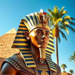 A majestic ancient Egyptian pharaoh, adorned in opulent royal garments with intricate golden details