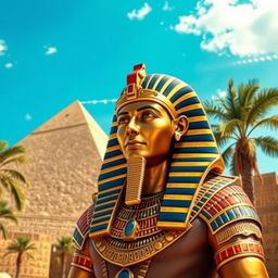 A majestic ancient Egyptian pharaoh, adorned in opulent royal garments with intricate golden details