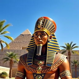 A majestic ancient Egyptian pharaoh, adorned in opulent royal garments with intricate golden details