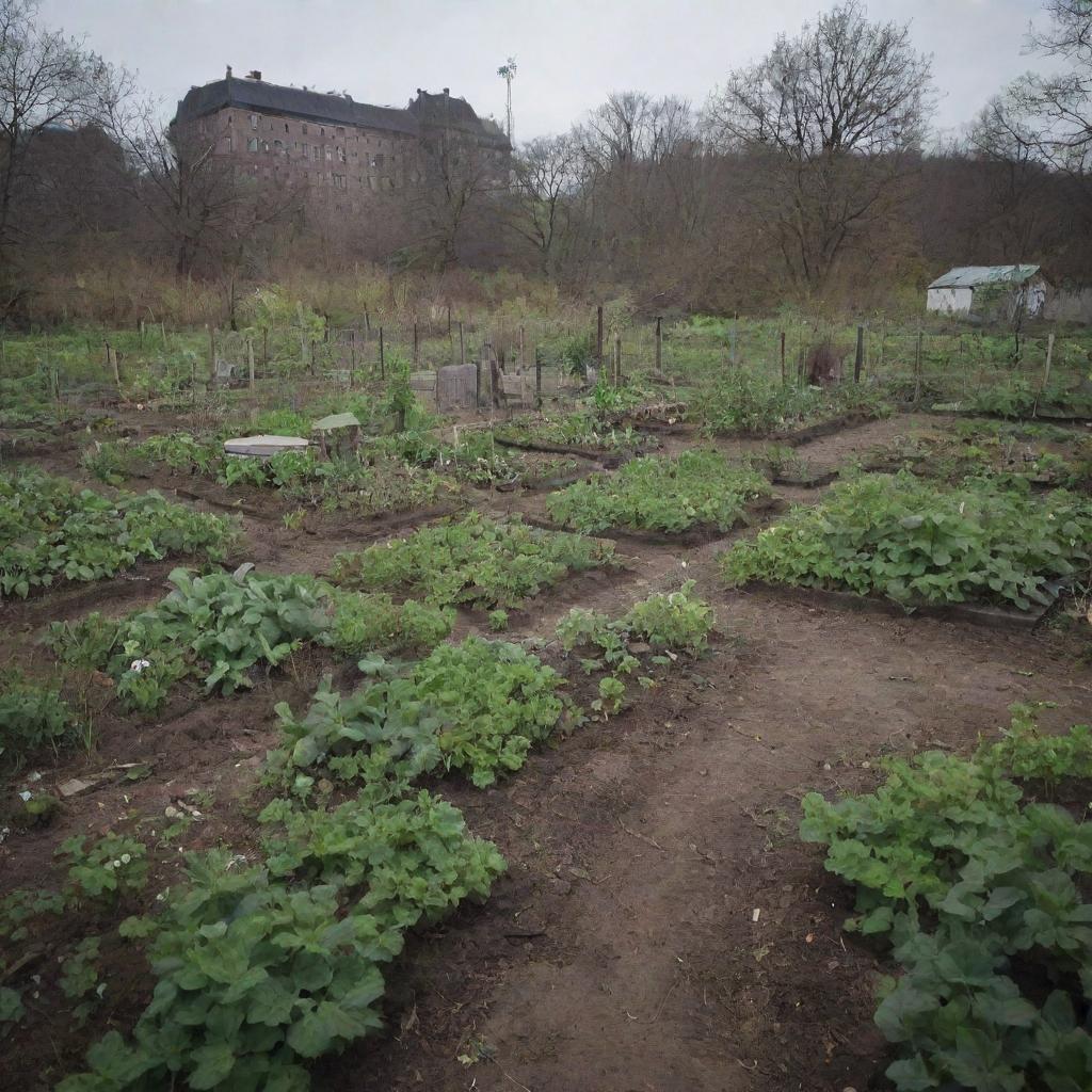 A desolate community garden in an eerie, abandoned environment. It's inhabitants possessing hollow eyes, emanating a deeply grim atmosphere.