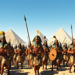 An impressive depiction of an ancient Egyptian pharaoh's army, showcasing a diverse group of soldiers wearing traditional armor and clothing