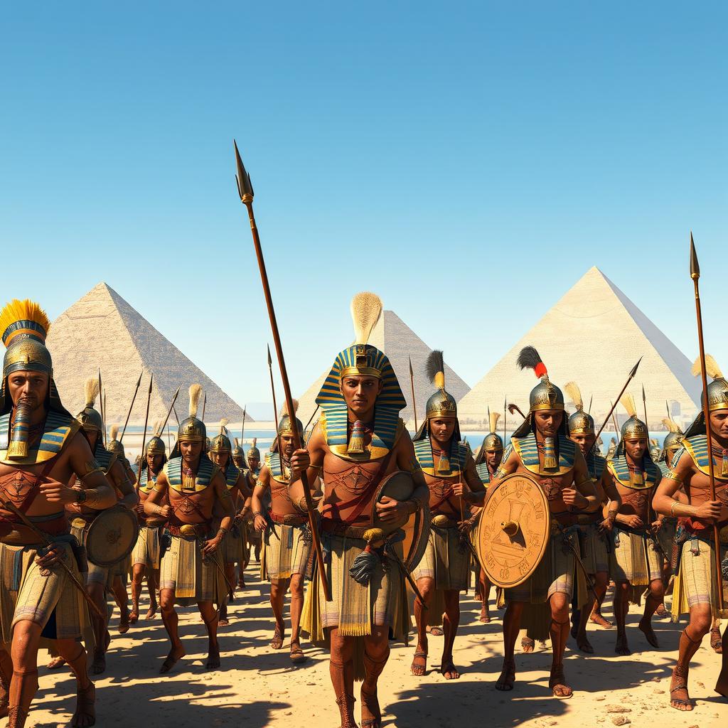An impressive depiction of an ancient Egyptian pharaoh's army, showcasing a diverse group of soldiers wearing traditional armor and clothing
