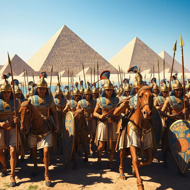 An impressive depiction of an ancient Egyptian pharaoh's army, showcasing a diverse group of soldiers wearing traditional armor and clothing