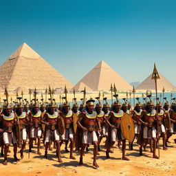 An impressive depiction of an ancient Egyptian pharaoh's army, showcasing a diverse group of soldiers wearing traditional armor and clothing