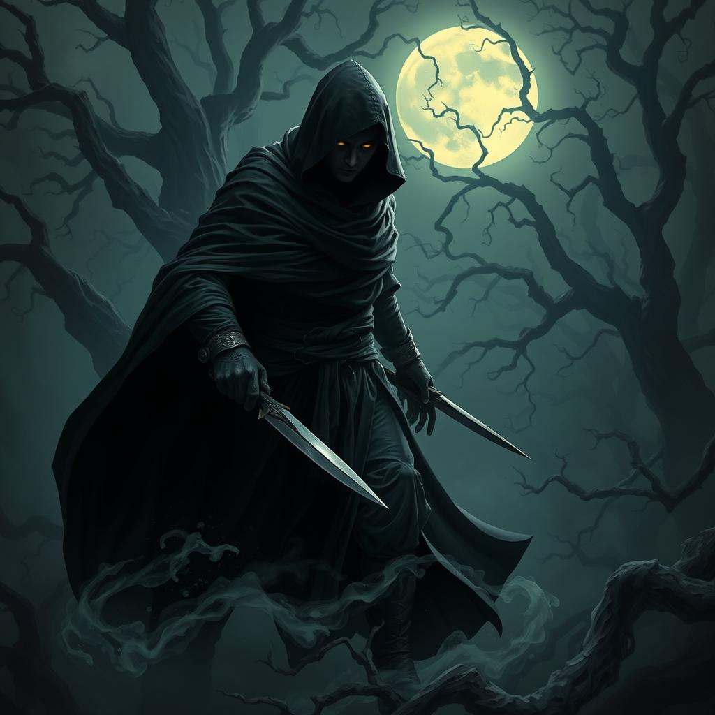 A shadow warrior emerging from the darkness, cloaked in a billowing dark robe that blends seamlessly with the surrounding shadows