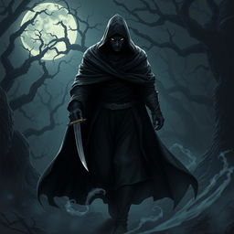 A shadow warrior emerging from the darkness, cloaked in a billowing dark robe that blends seamlessly with the surrounding shadows